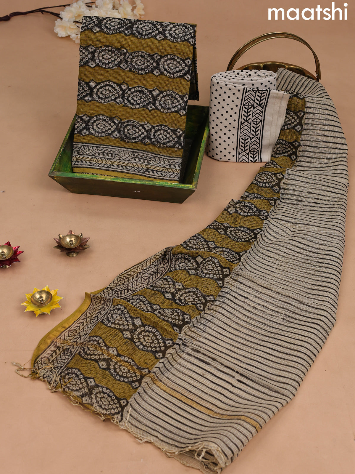 Kota dress material mustard shade black and beige with allover prints and bottom & kota dupatta