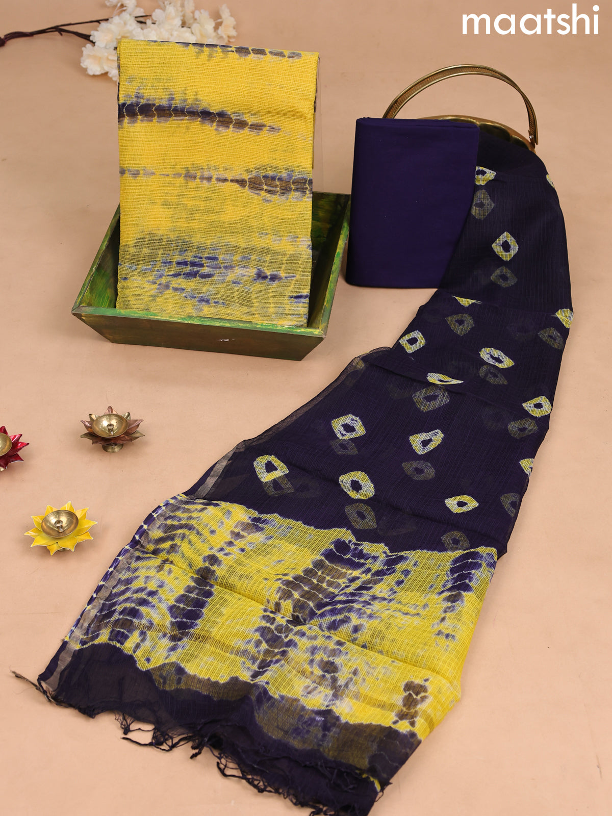 Kota dress material yellow and dark blue with allover tie & dye prints and bottom & kota dupatta