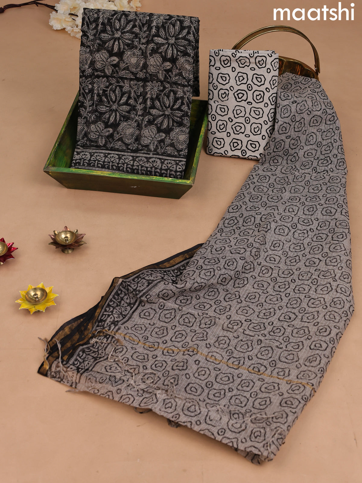 Kota dress material black and beige with allover kalamkari prints and bottom & kota dupatta