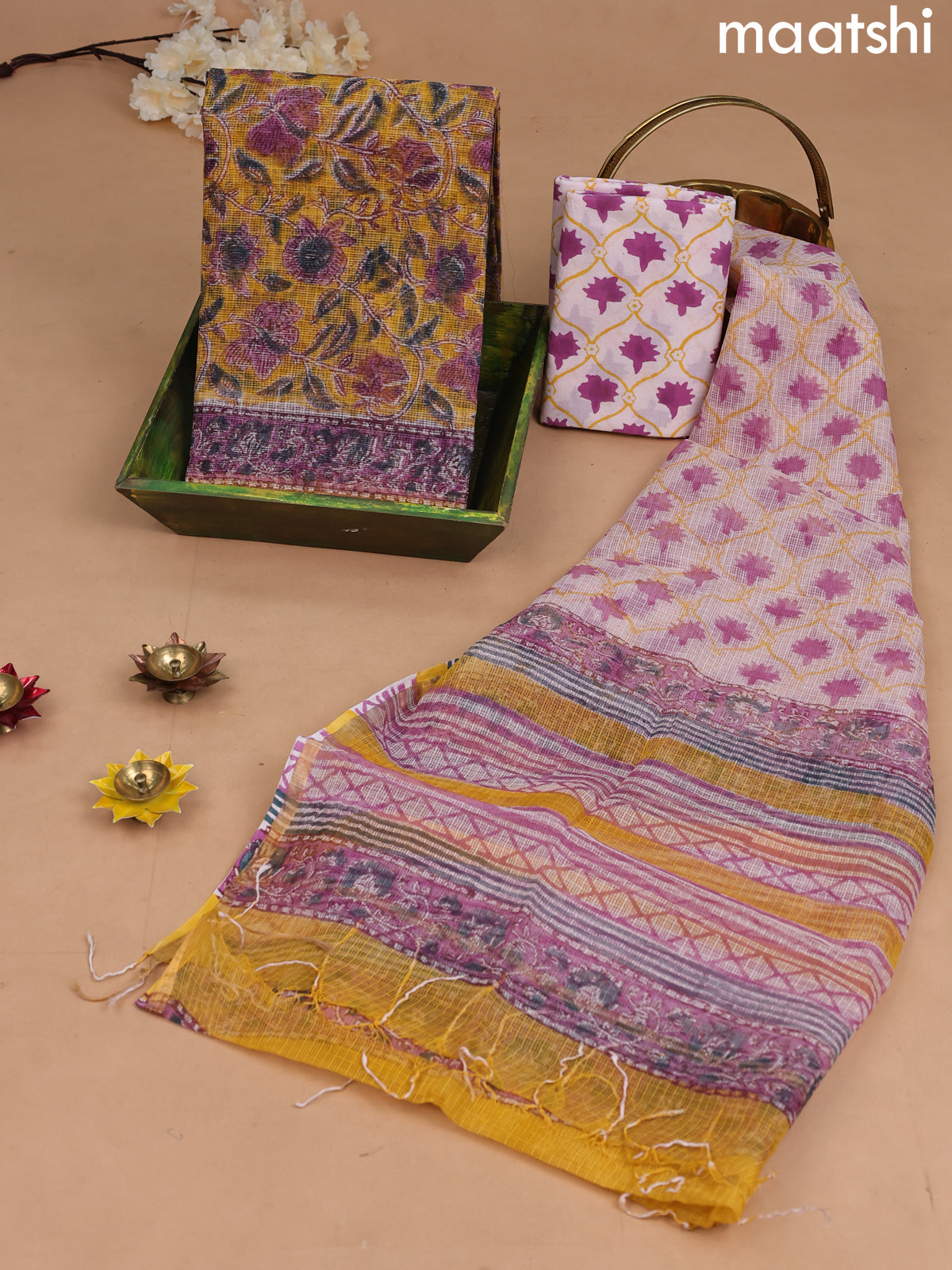 Kota dress material yellow and off white with allover floral prints and bottom & kota dupatta