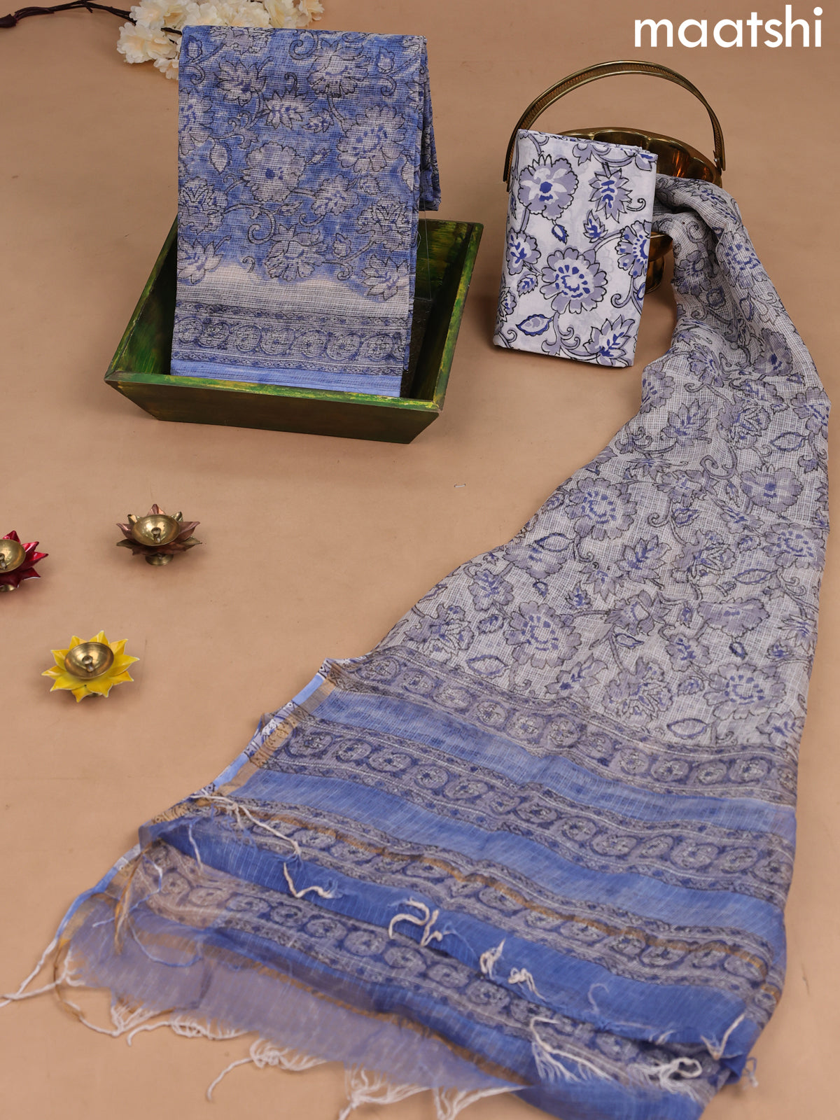 Kota dress material blue shade and off white with allover floral prints and bottom & kota dupatta