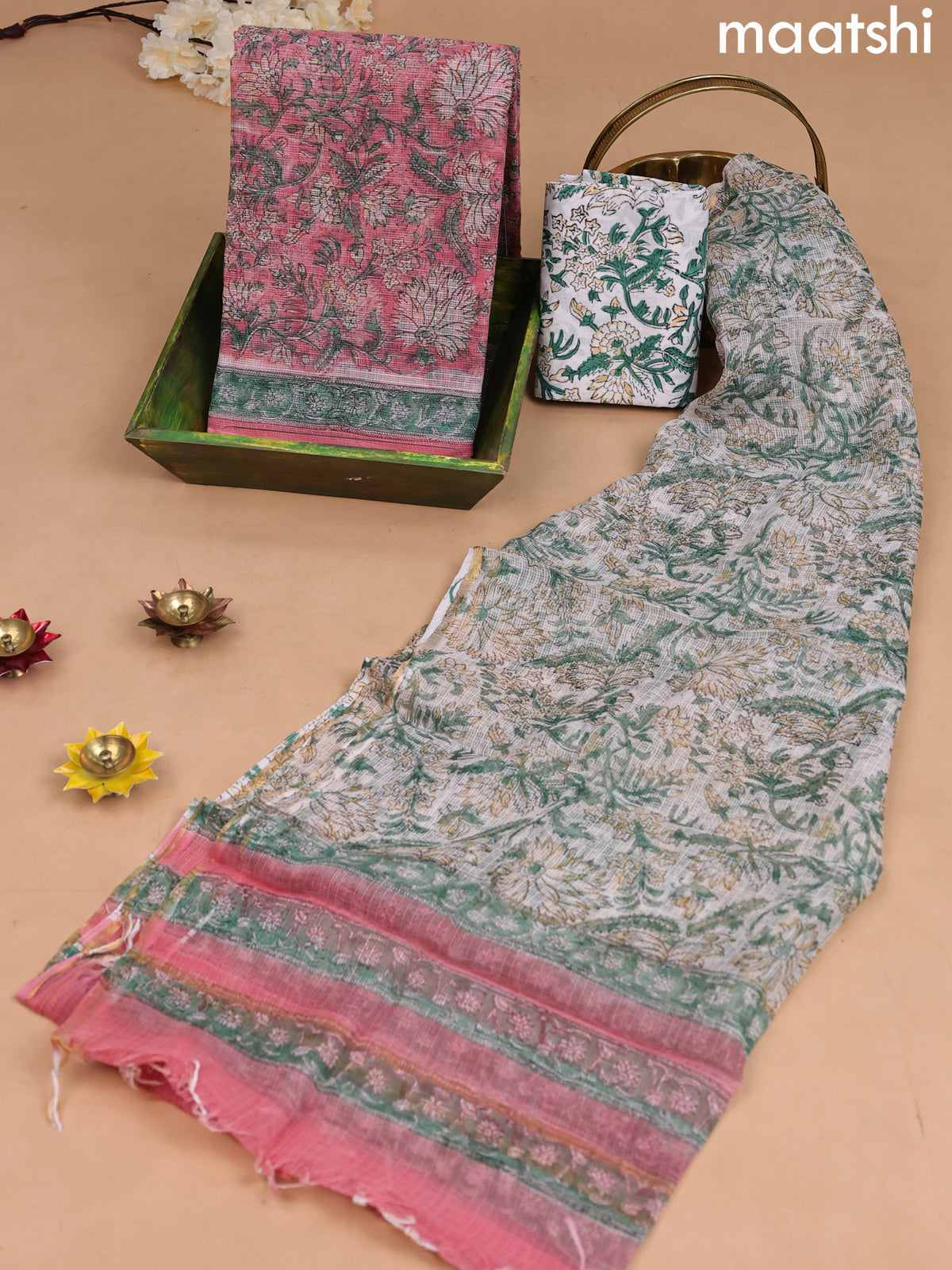 Kota dress material peach pink and off white with allover floral prints and bottom & kota dupatta
