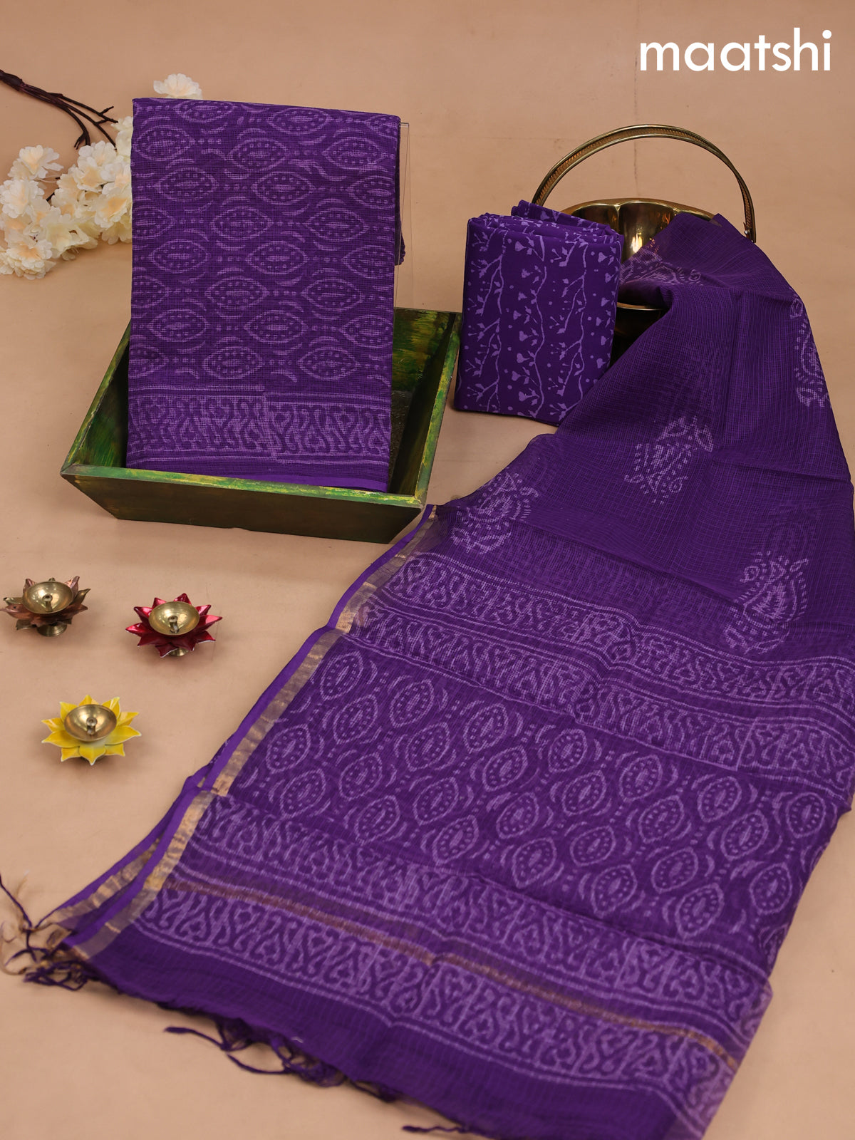 Kota dress material violet with allover prints and bottom & kota dupatta