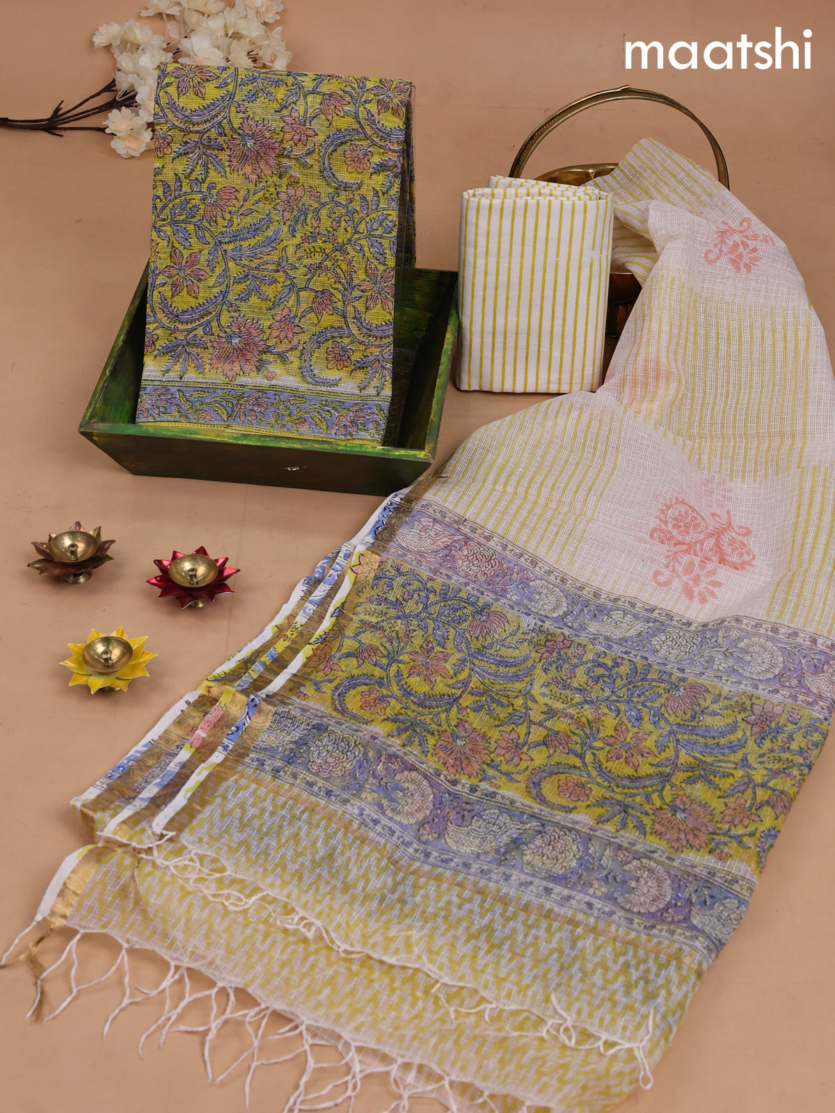 Kota dress material lime yellow and off white with allover kalamkari prints and bottom & kota dupatta