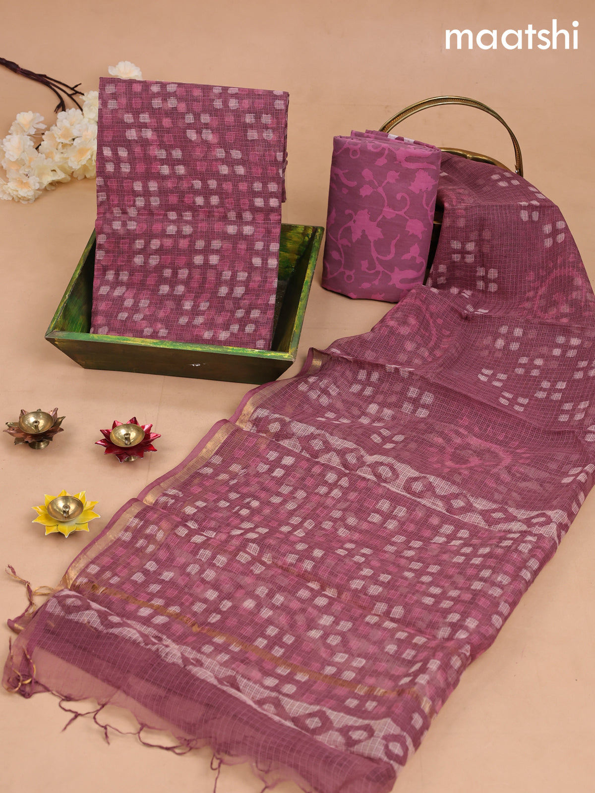 Kota dress material mauve pink with allover geometric prints and bottom & kota dupatta