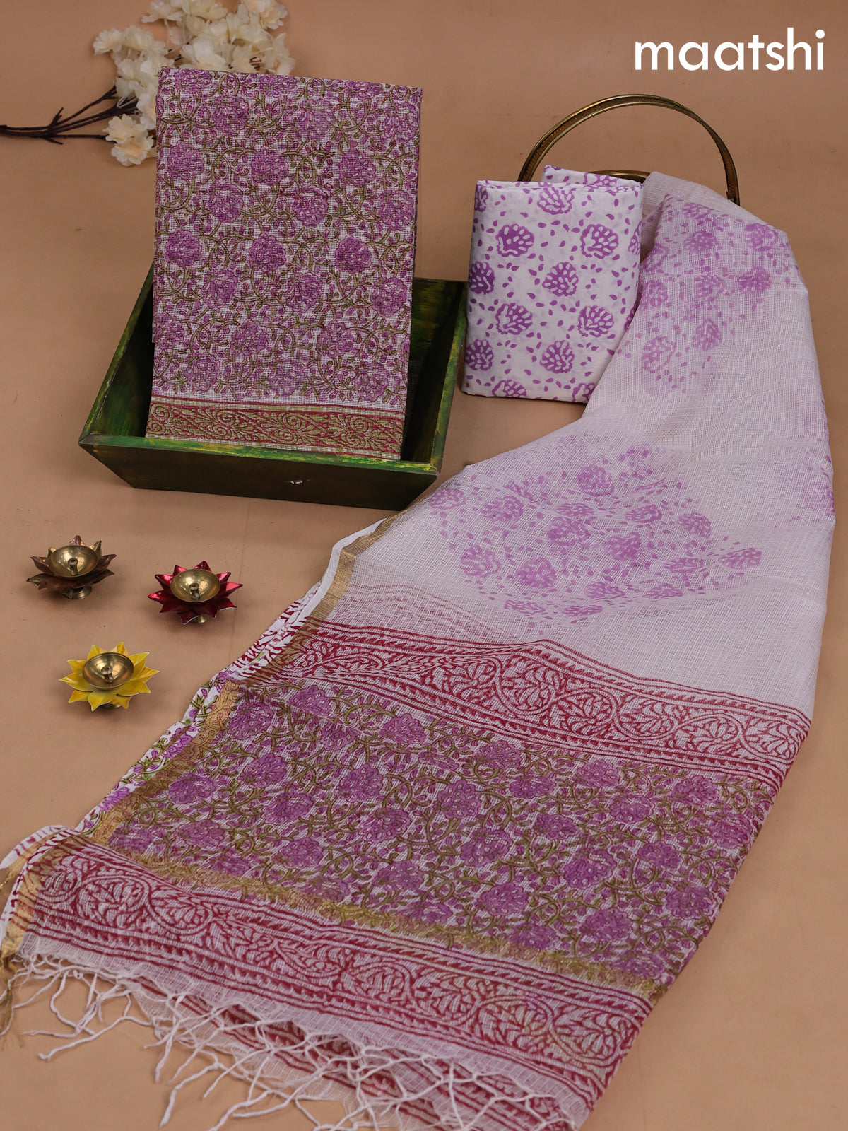 Kota dress material off white and lavender with allover prints and bottom & kota dupatta