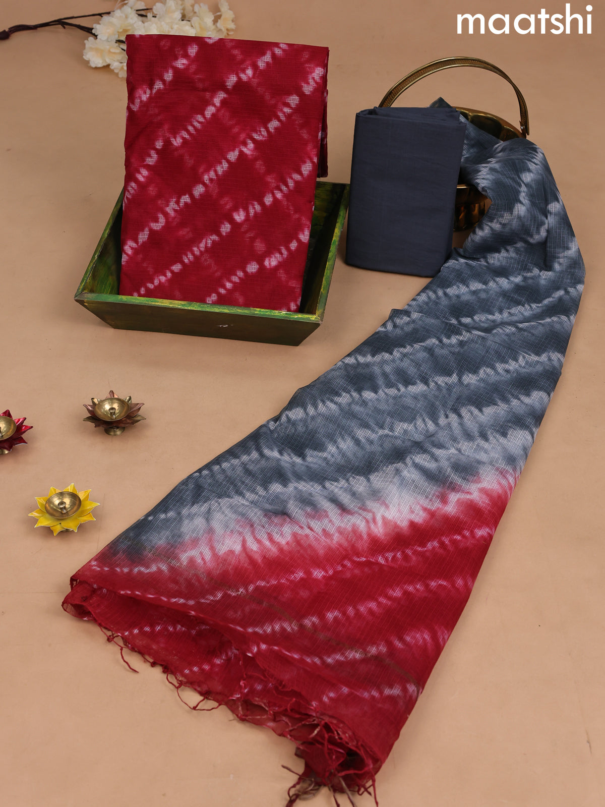 Kota dress material red and grey with shibori prints and bottom & kota dupatta