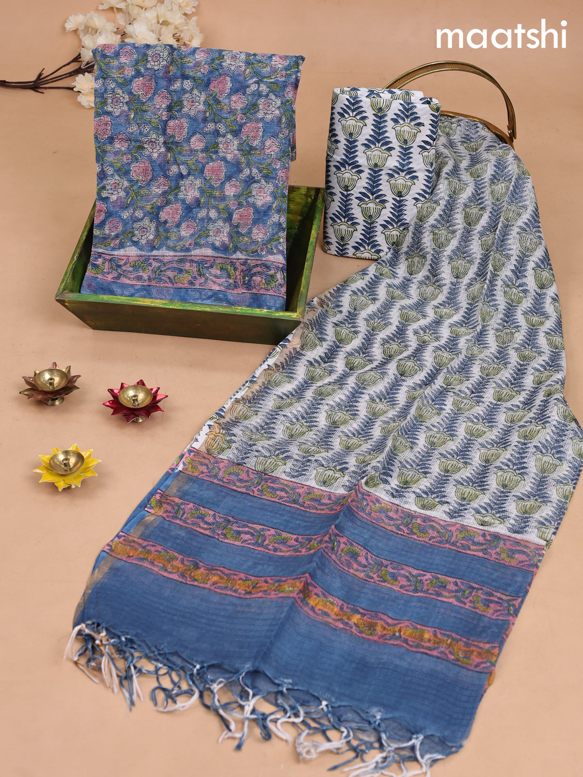Kota dress material blue and off white with allover prints and bottom & kota dupatta