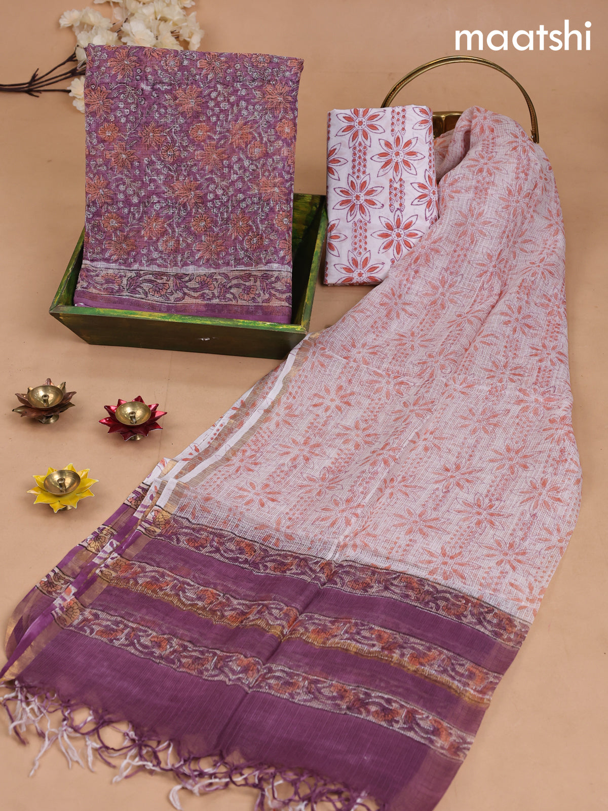 Kota dress material mauve pink and off white with allover prints and bottom & kota dupatta