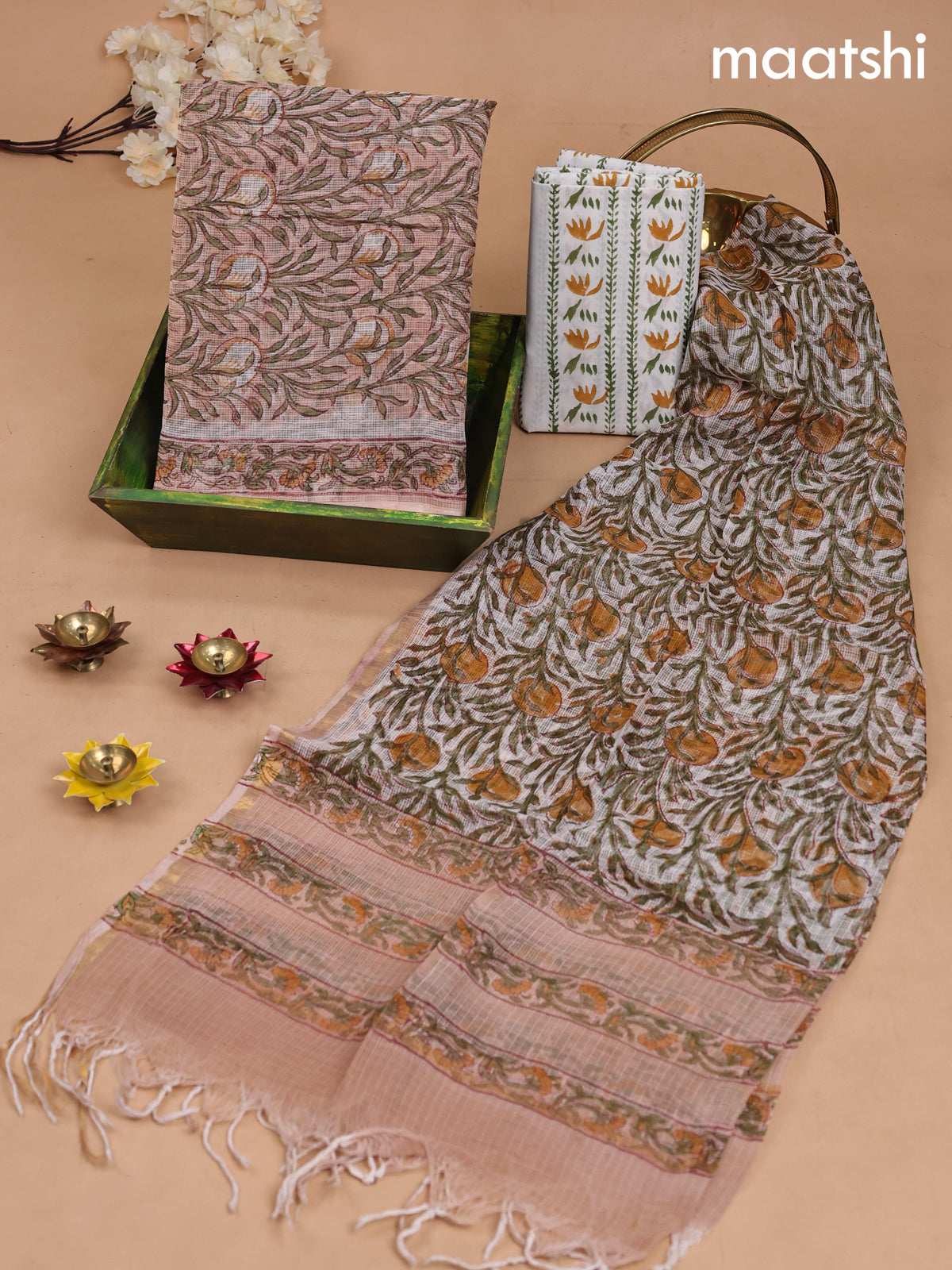 Kota dress material sandal and off white with allover prints and bottom & kota dupatta
