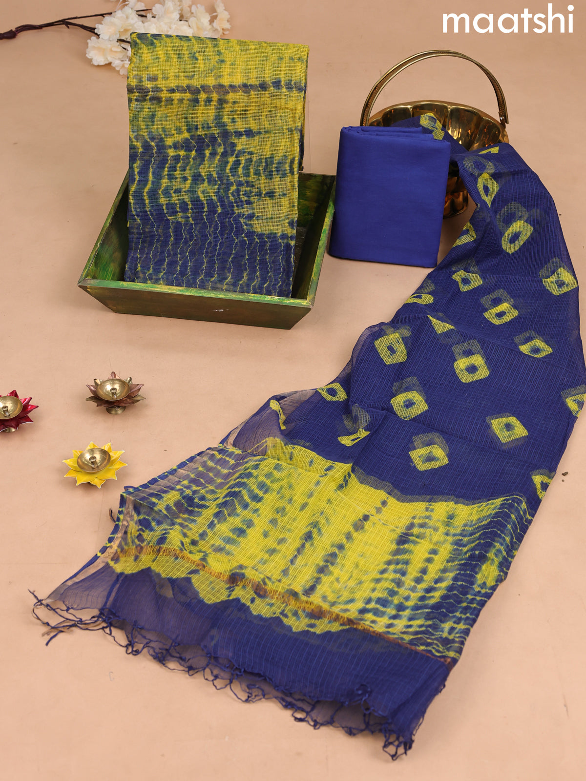 Kota dress material yellow and blue with tie & dye prints and bottom & kota dupatta