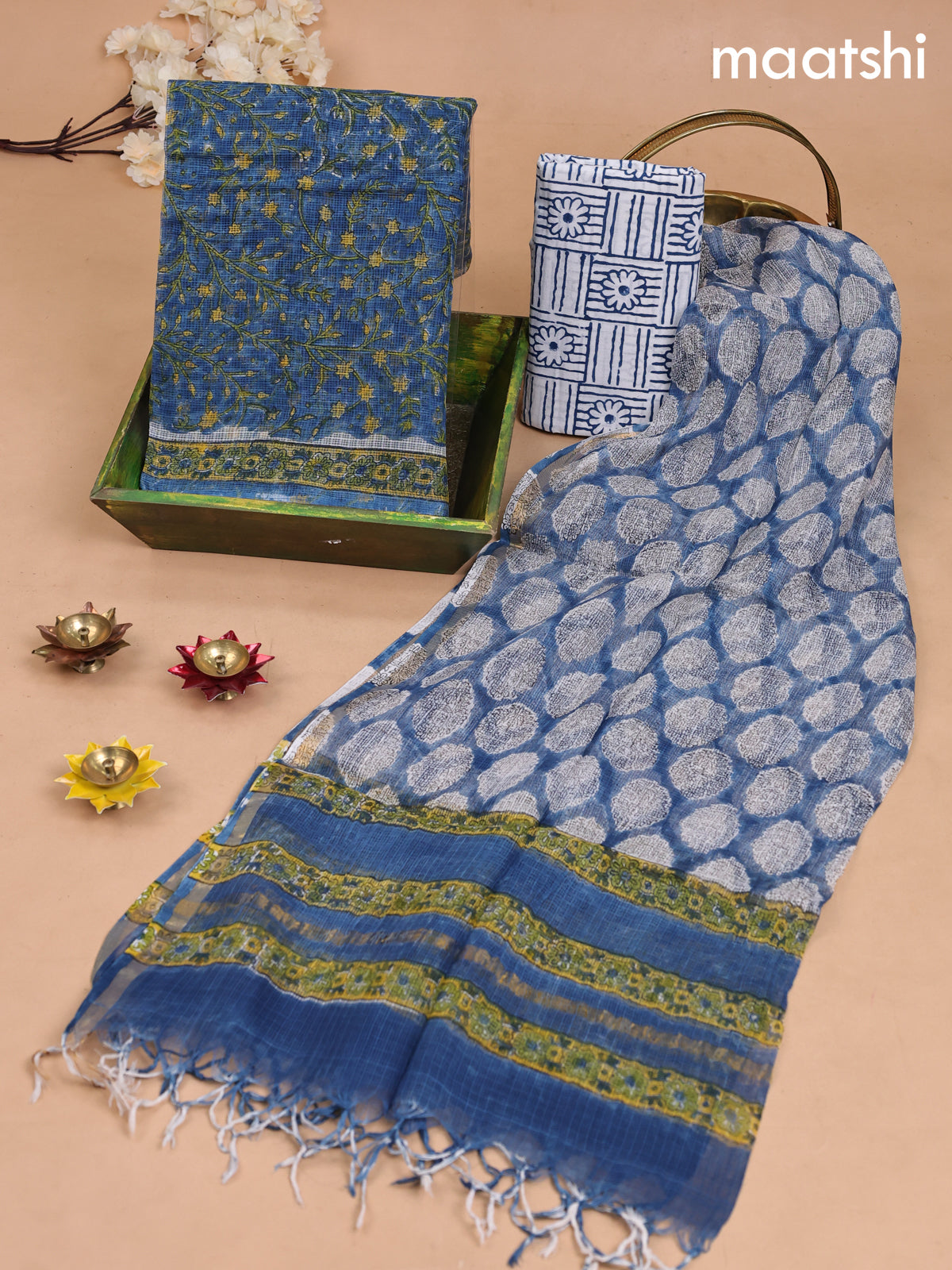 Kota dress material peacock blue and off white with allover prints and bottom & kota dupatta