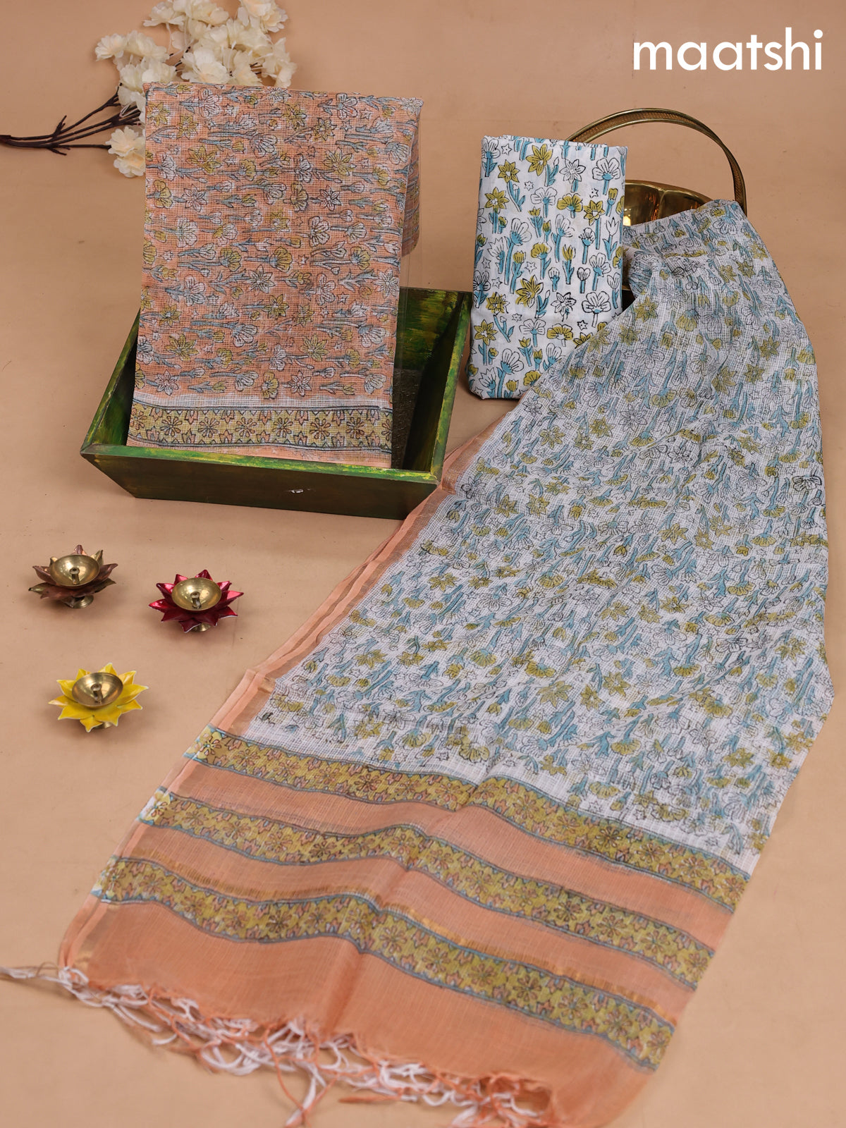 Kota dress material peach orange and off white with allover floral prints and bottom & kota dupatta