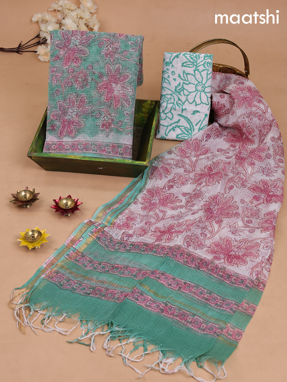Kota dress material teal green and off white with allover prints and bottom & kota dupatta