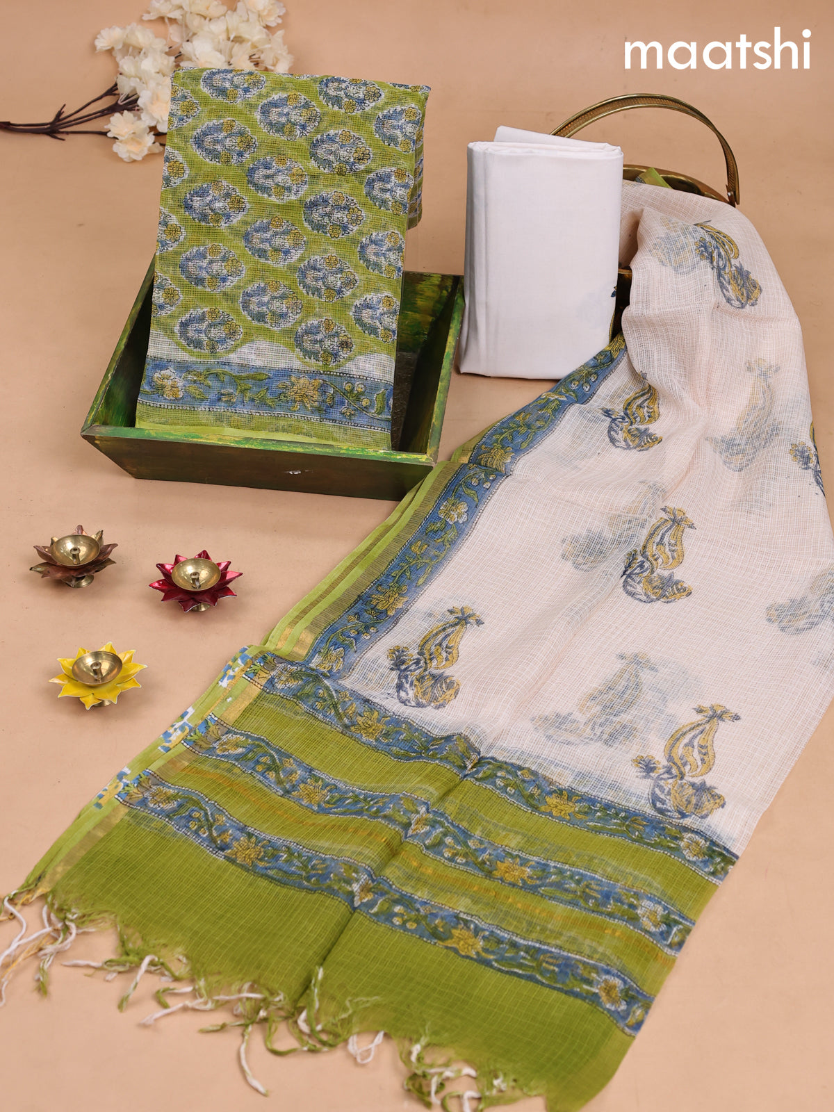 Kota dress material light green and off white with butta prints and bottom & kota dupatta