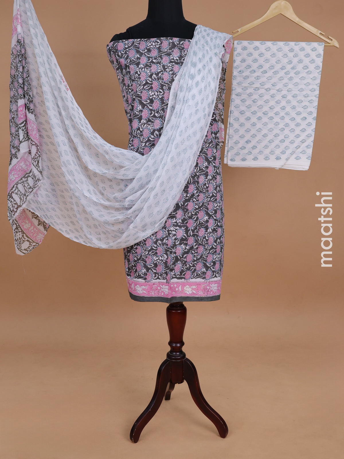 Mul mul cotton dress material grey shade and off white with allover kalamkari prints and bottom & chiffon dupatta