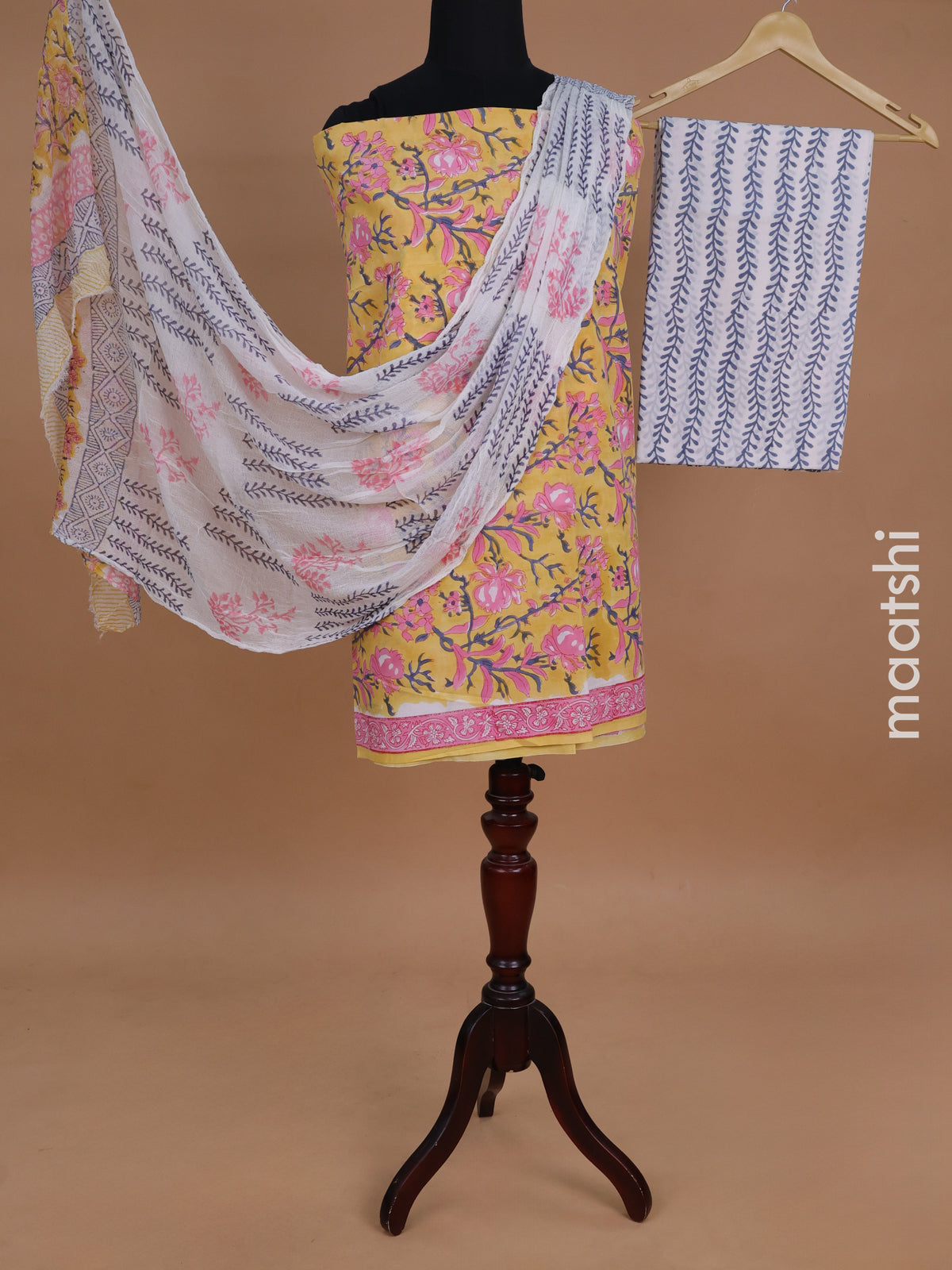 Mul mul cotton dress material yellow and off white with allover kalamkari prints and bottom & chiffon dupatta