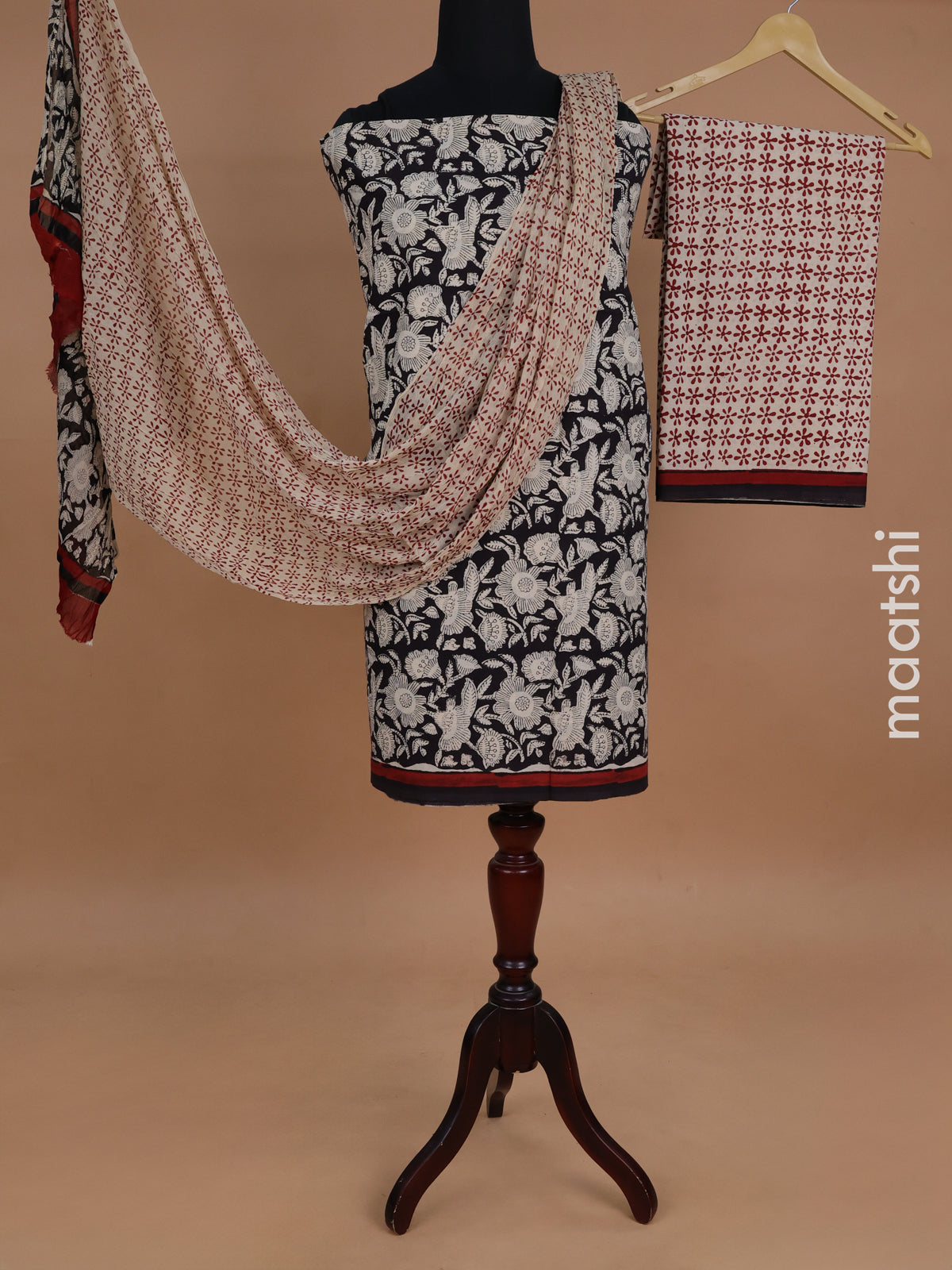 Mul mul cotton dress material black and beige with allover kalamkari prints and bottom & chiffon dupatta