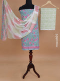 Mul mul cotton dress material pastel blue and off white with allover kalamkari prints and bottom & chiffon dupatta