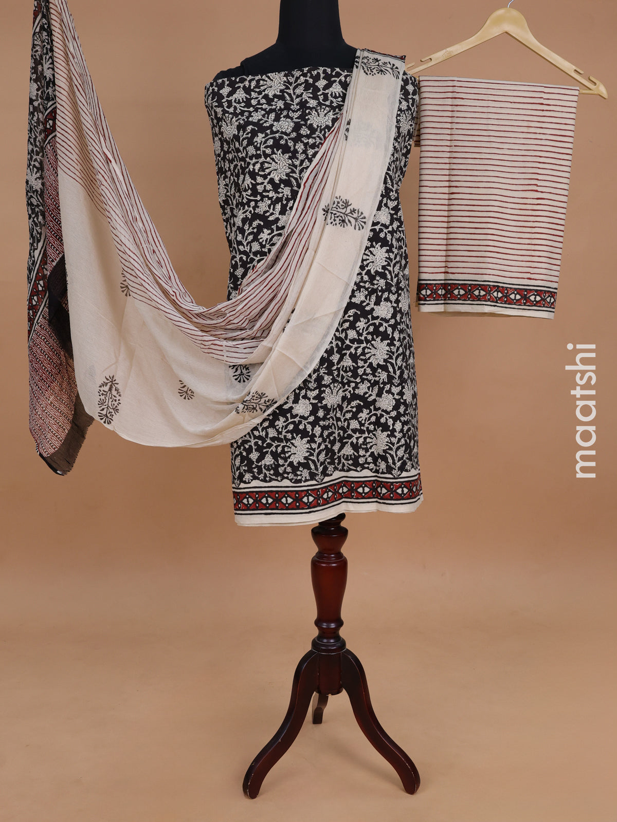 Mul mul cotton dress material black and beige with allover kalamkari prints and bottom & chiffon dupatta