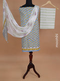 Mul mul cotton dress material pastel blue and off white with floral butta prints and bottom & chiffon dupatta