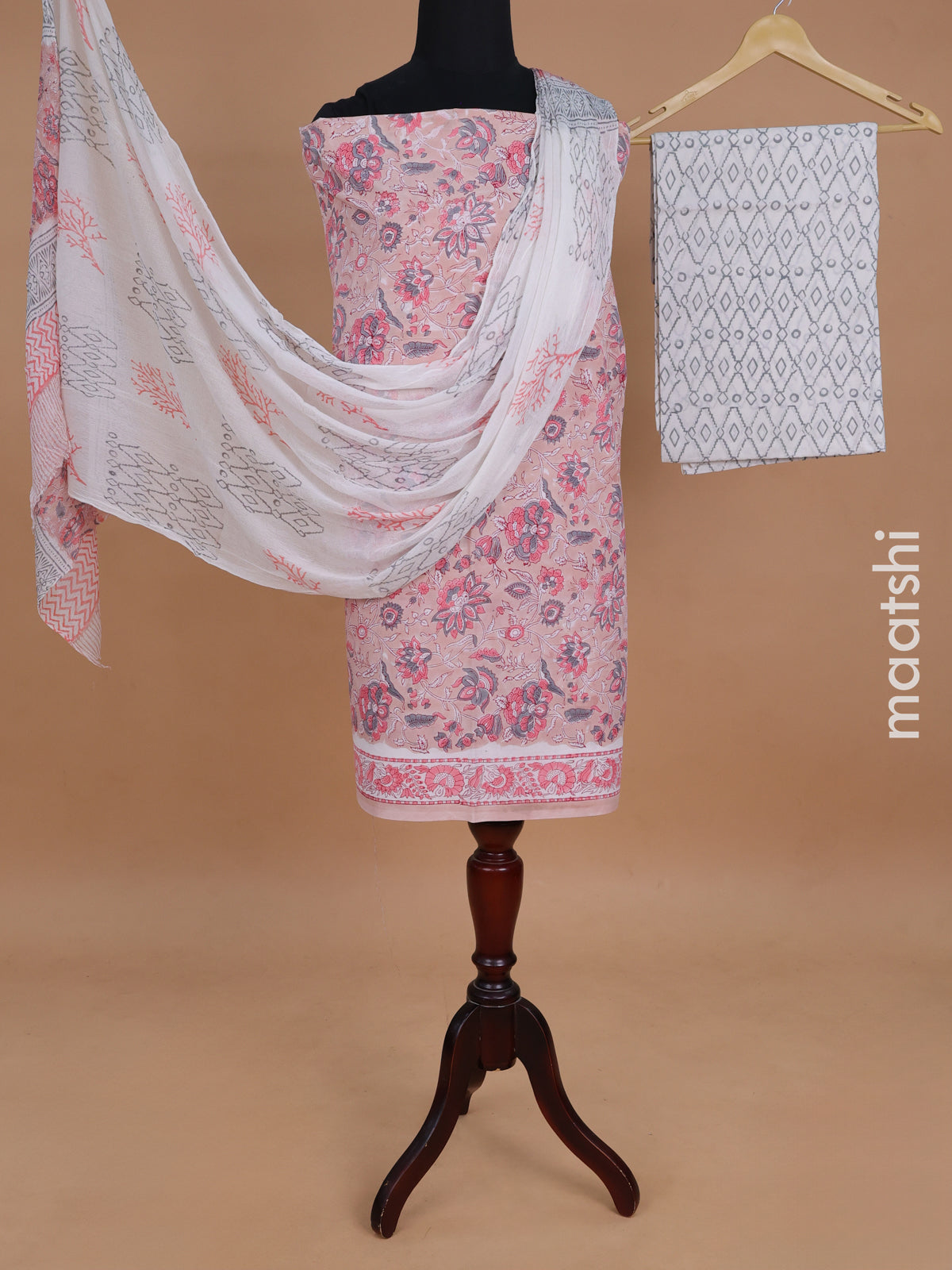 Mul mul cotton dress material peach shade and off white with allover kalamkari prints and bottom & chiffon dupatta