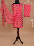 Mul mul cotton dress material peach pink with floral butta prints and bottom & chiffon dupatta