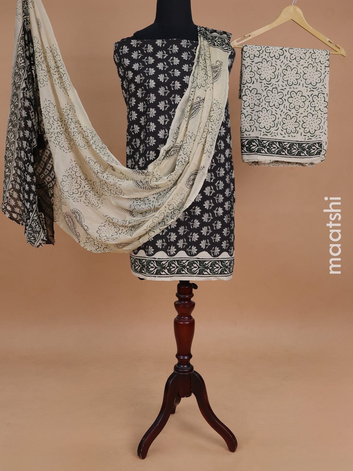 Mul mul cotton dress material black and beige with floral butta prints and bottom & chiffon dupatta