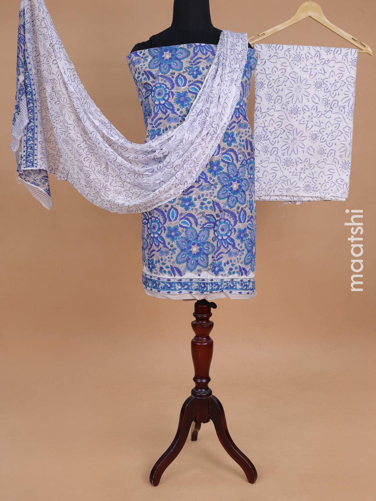 Mul mul cotton dress material grey shade and blue with allover kalamkari prints and bottom & chiffon dupatta