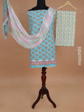 Mul mul cotton dress material teal blue and off white with allover floral butta prints and bottom & chiffon dupatta