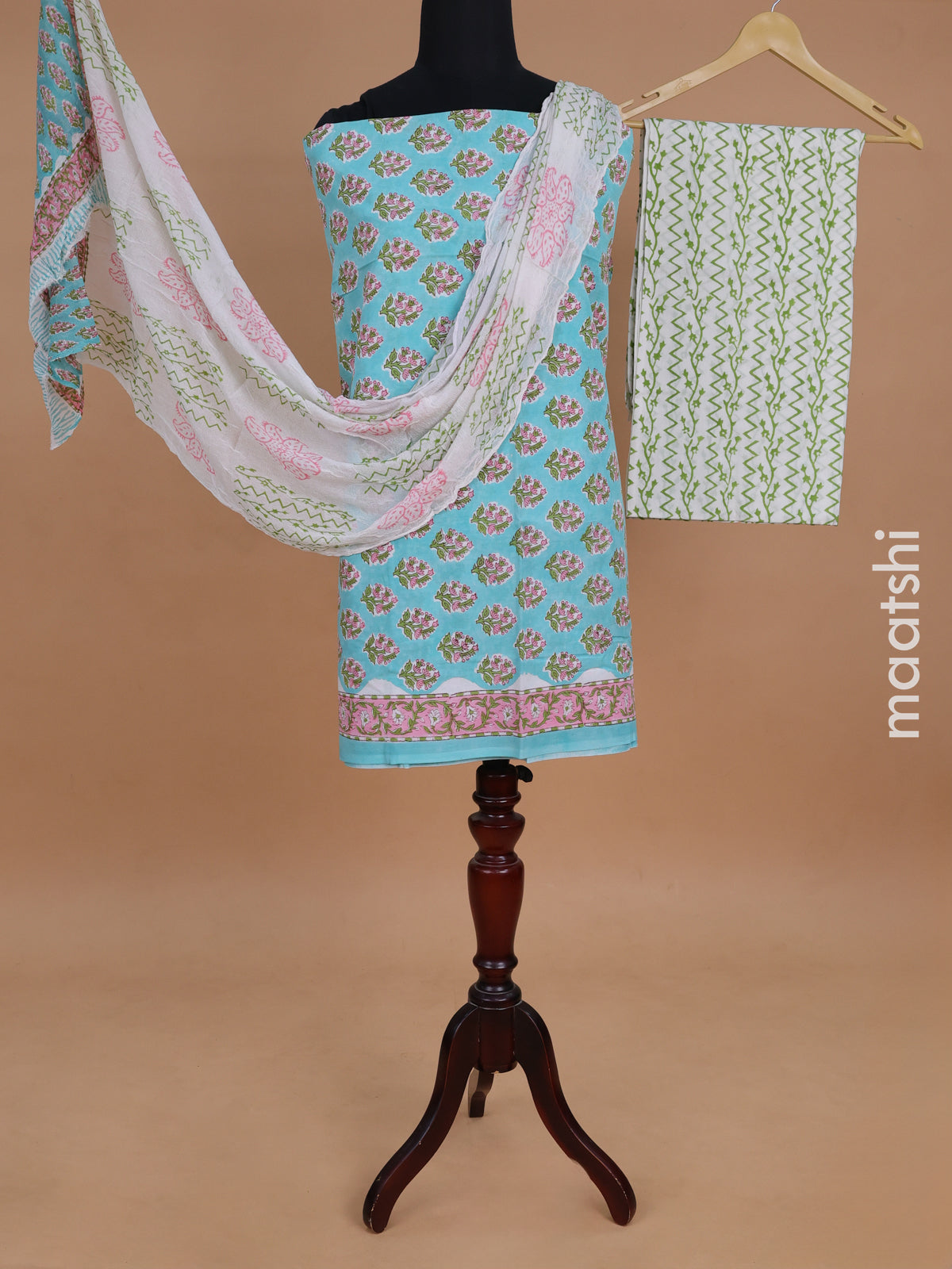 Mul mul cotton dress material teal blue and off white with allover floral butta prints and bottom & chiffon dupatta