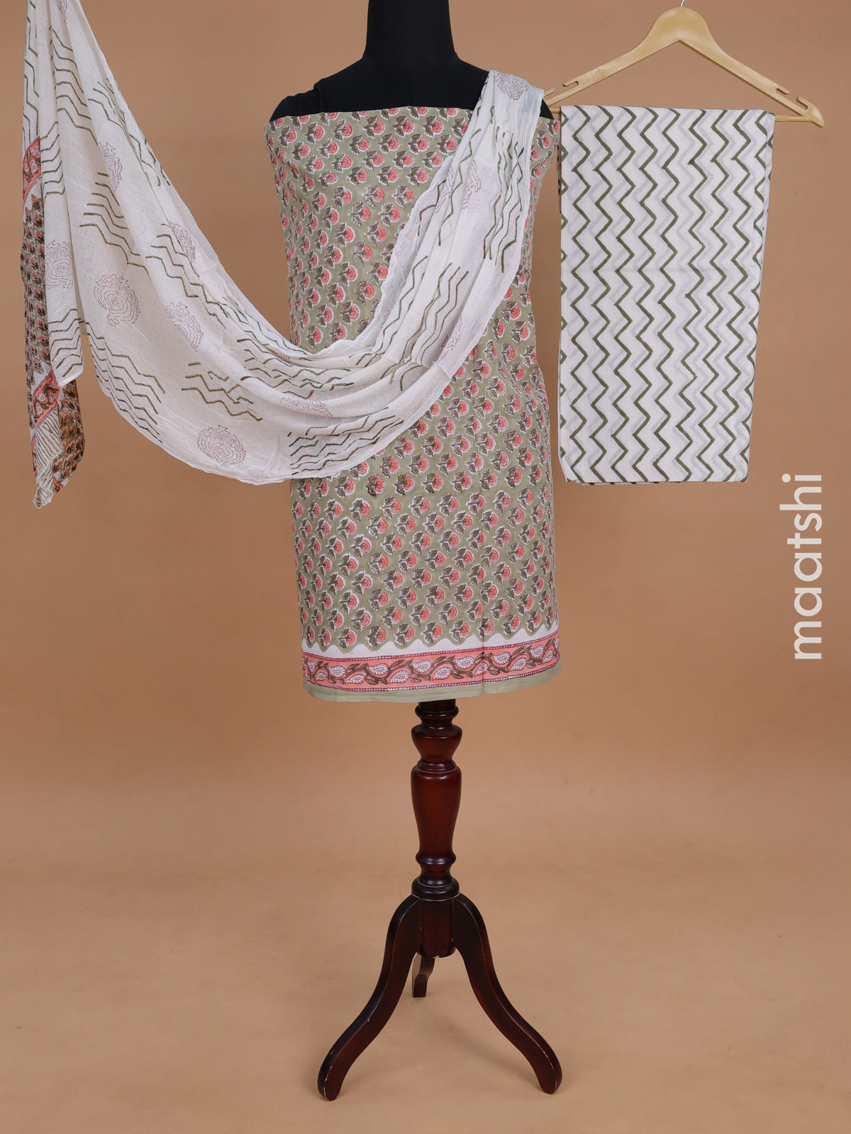Mul mul cotton dress material pastel green and off white with allover floral butta prints and bottom & chiffon dupatta