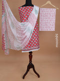 Mul mul cotton dress material red and off white with allover floral butta prints and bottom & chiffon dupatta