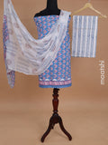 Mul mul cotton dress material blue shade and off white with allover kalamkari prints and bottom & chiffon dupatta