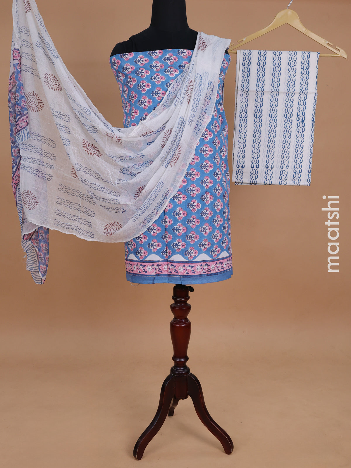 Mul mul cotton dress material blue shade and off white with allover kalamkari prints and bottom & chiffon dupatta