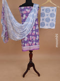 Mul mul cotton dress material purple and off white with allover kalamkari prints and bottom & chiffon dupatta