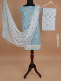 Mul mul cotton dress material light blue and off white with allover kalamkari prints and bottom & chiffon dupatta