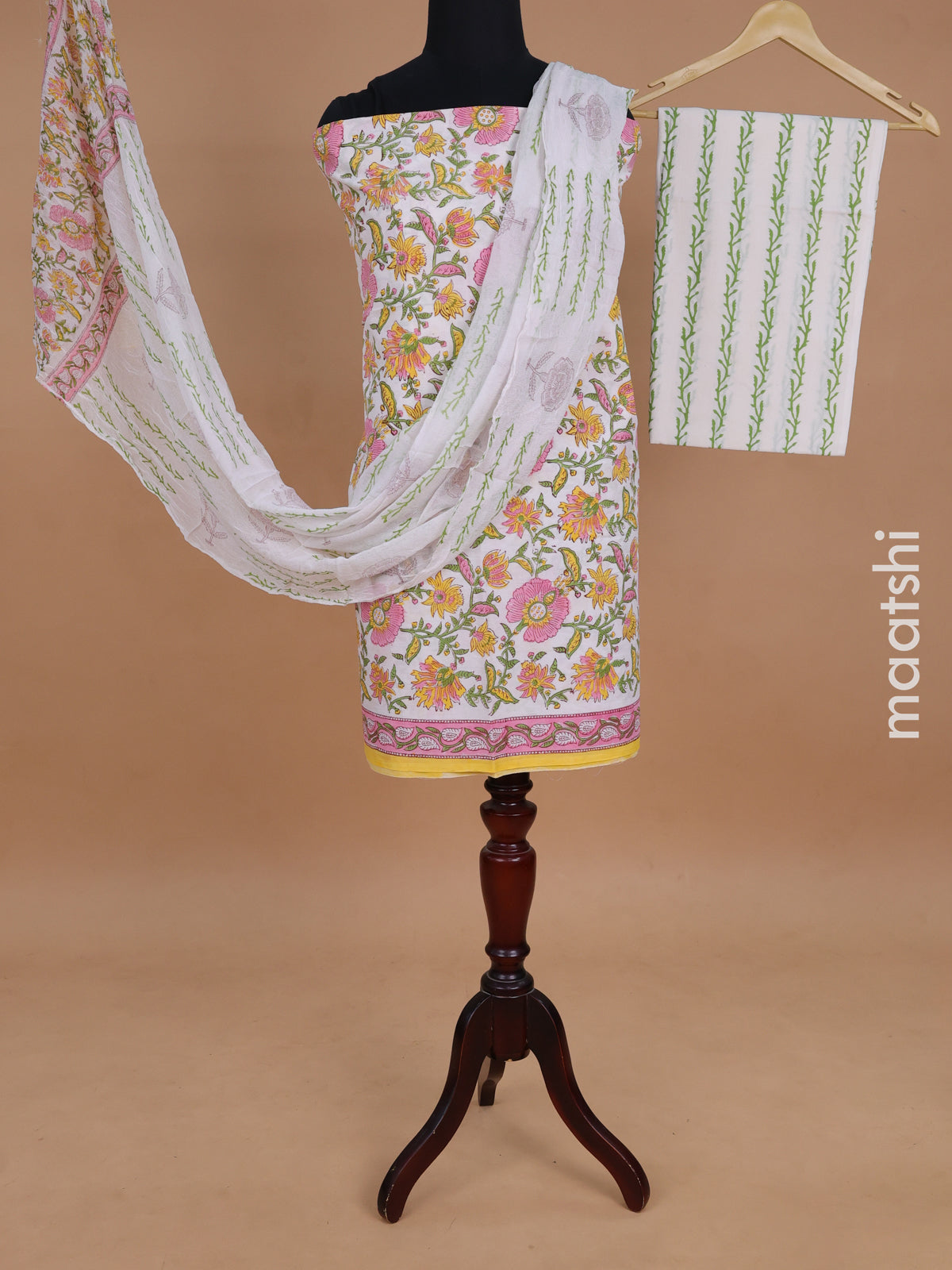 Mul mul cotton dress material off white and yellow with allover kalamkari prints and bottom & chiffon dupatta