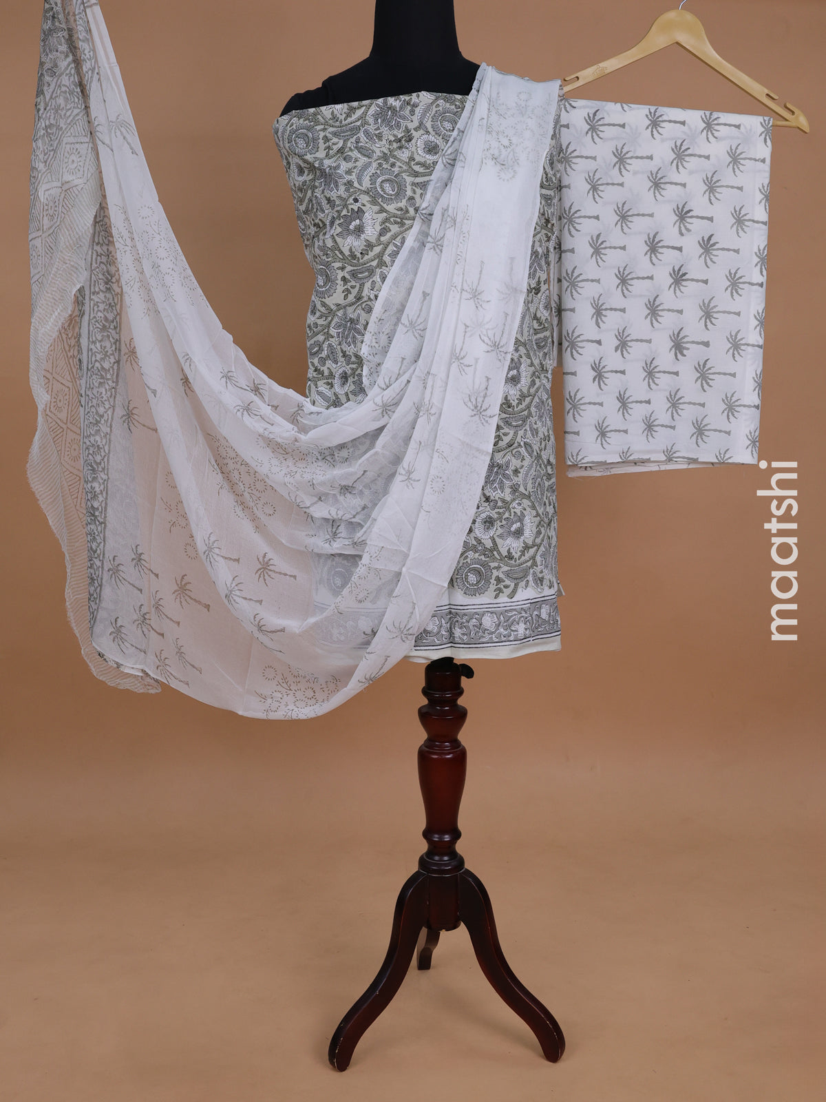 Mul mul cotton dress material beige and off white with allover kalamkari prints and bottom & chiffon dupatta