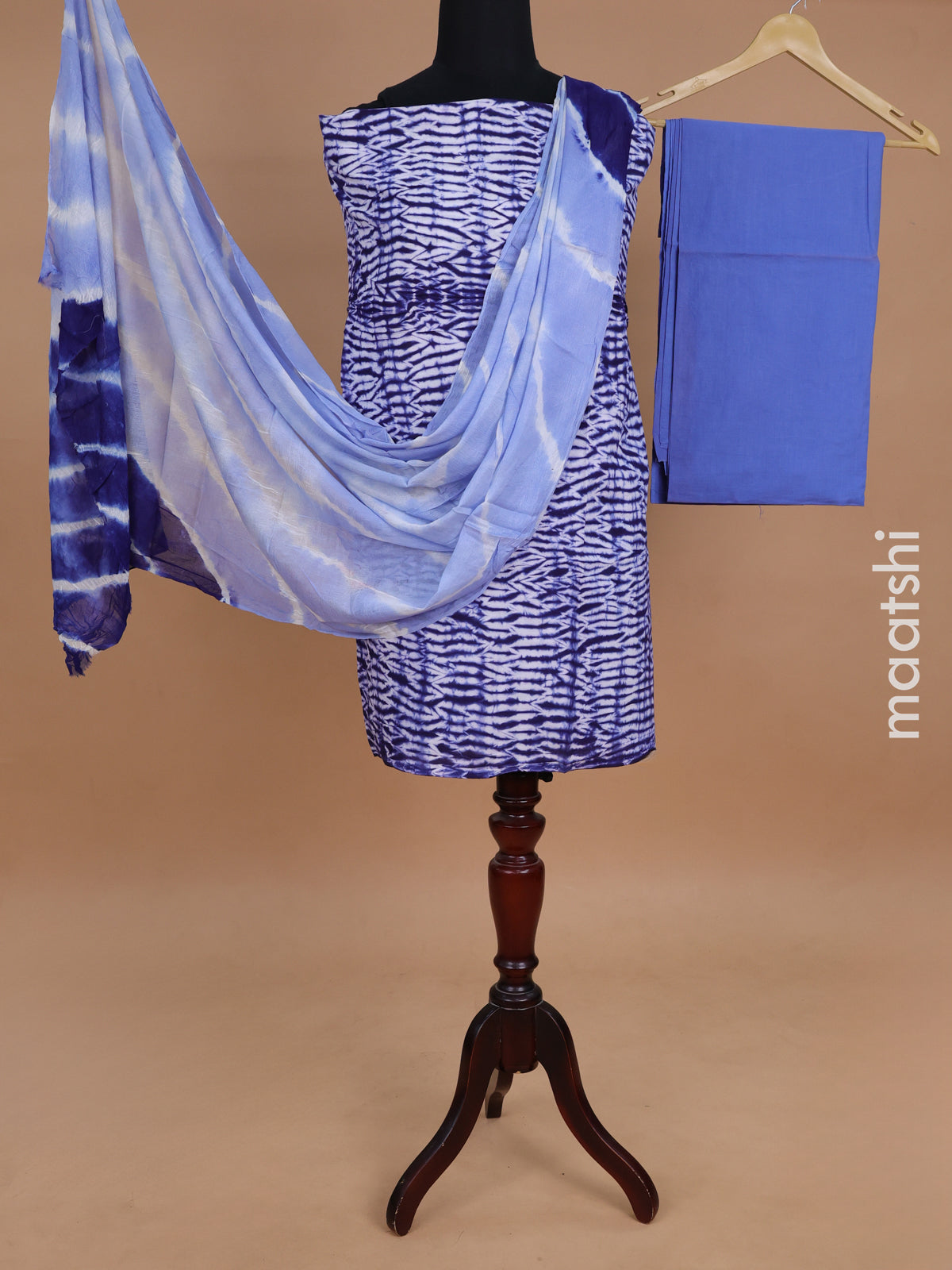 Mul mul cotton dress material blue shade and off white with allover shibori prints and bottom & chiffon dupatta