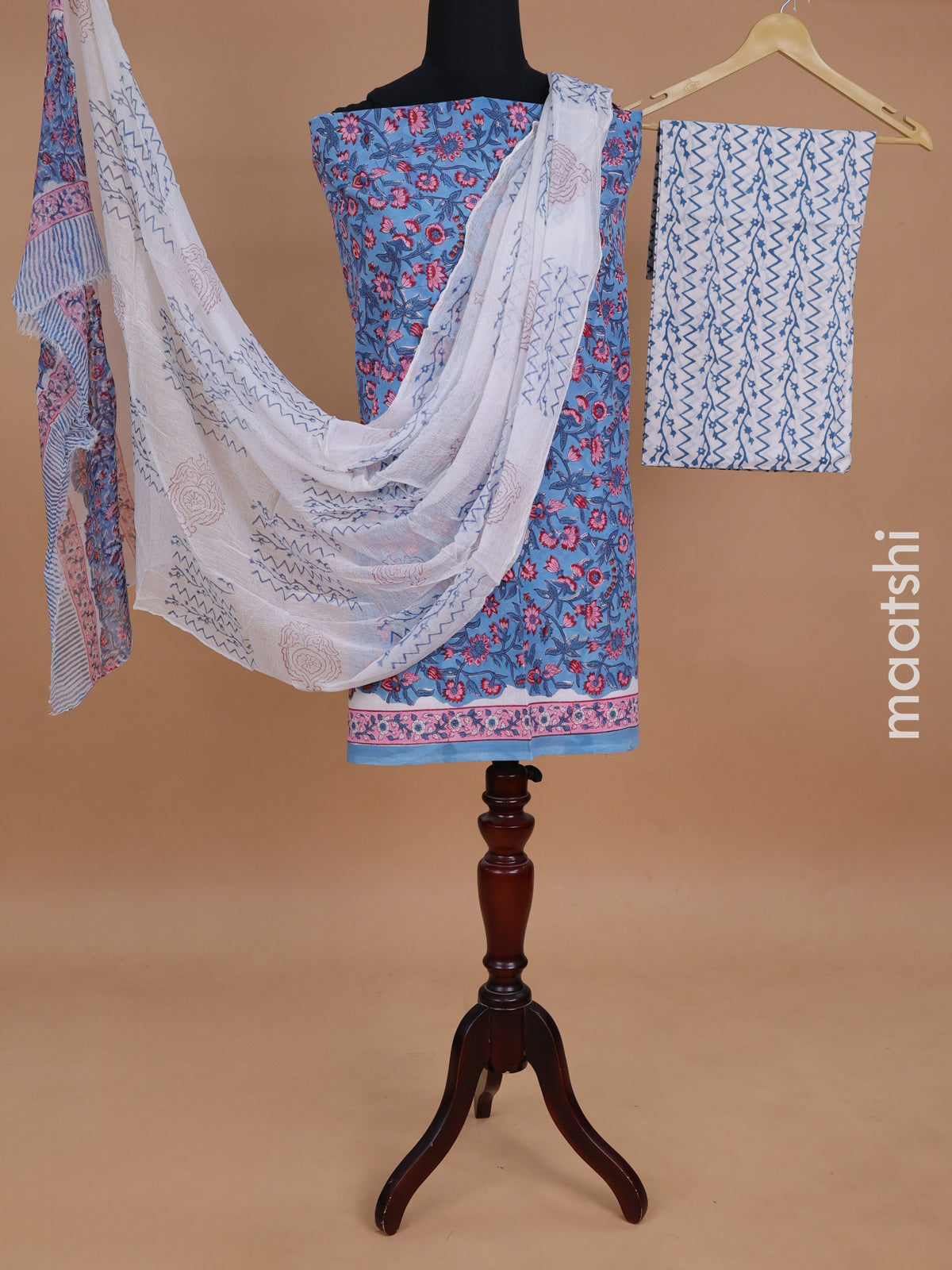 Mul mul cotton dress material blue shade and off white with allover prints and bottom & chiffon dupatta