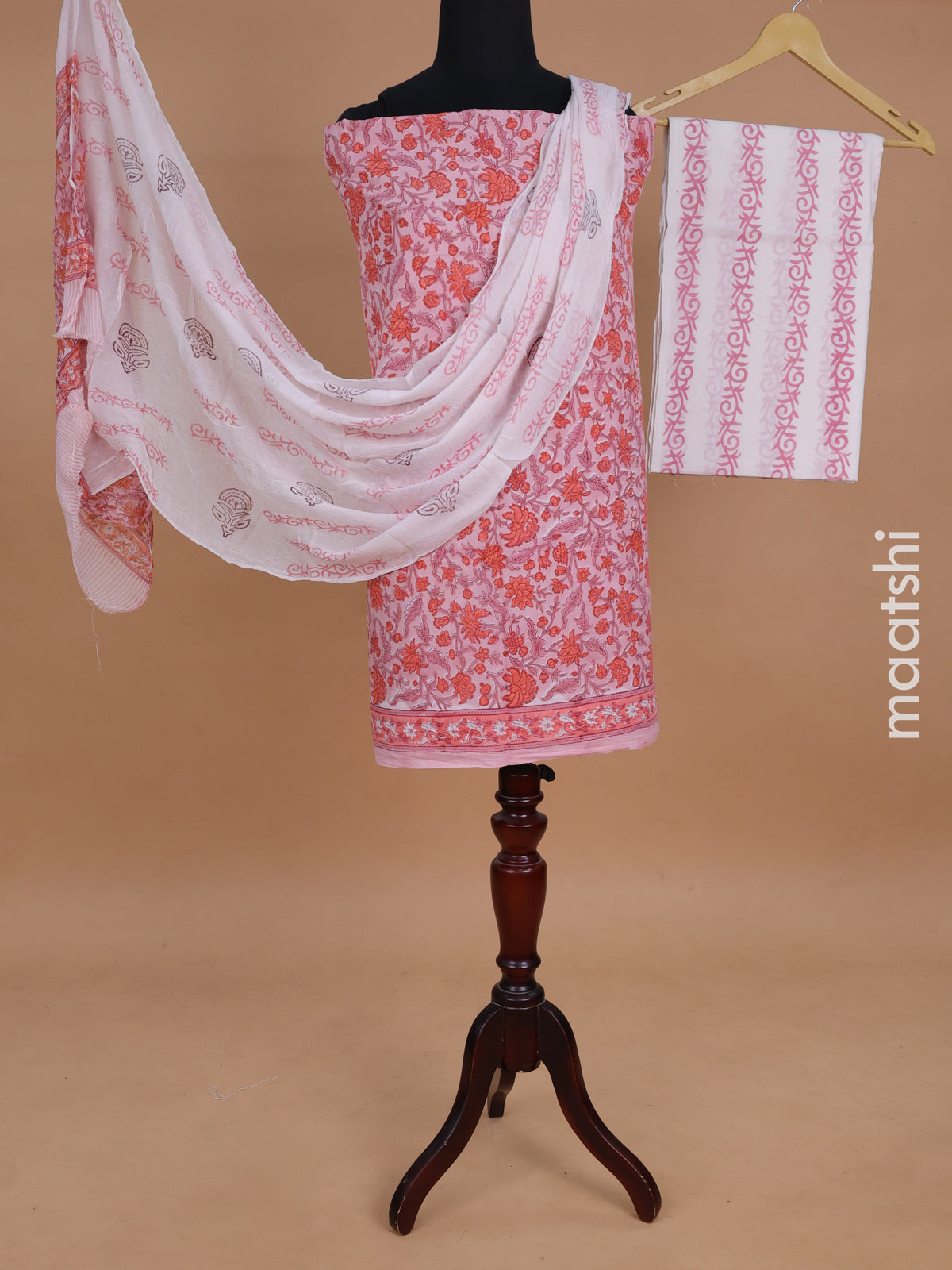 Mul mul cotton dress material peach pink with allover prints and bottom & chiffon dupatta
