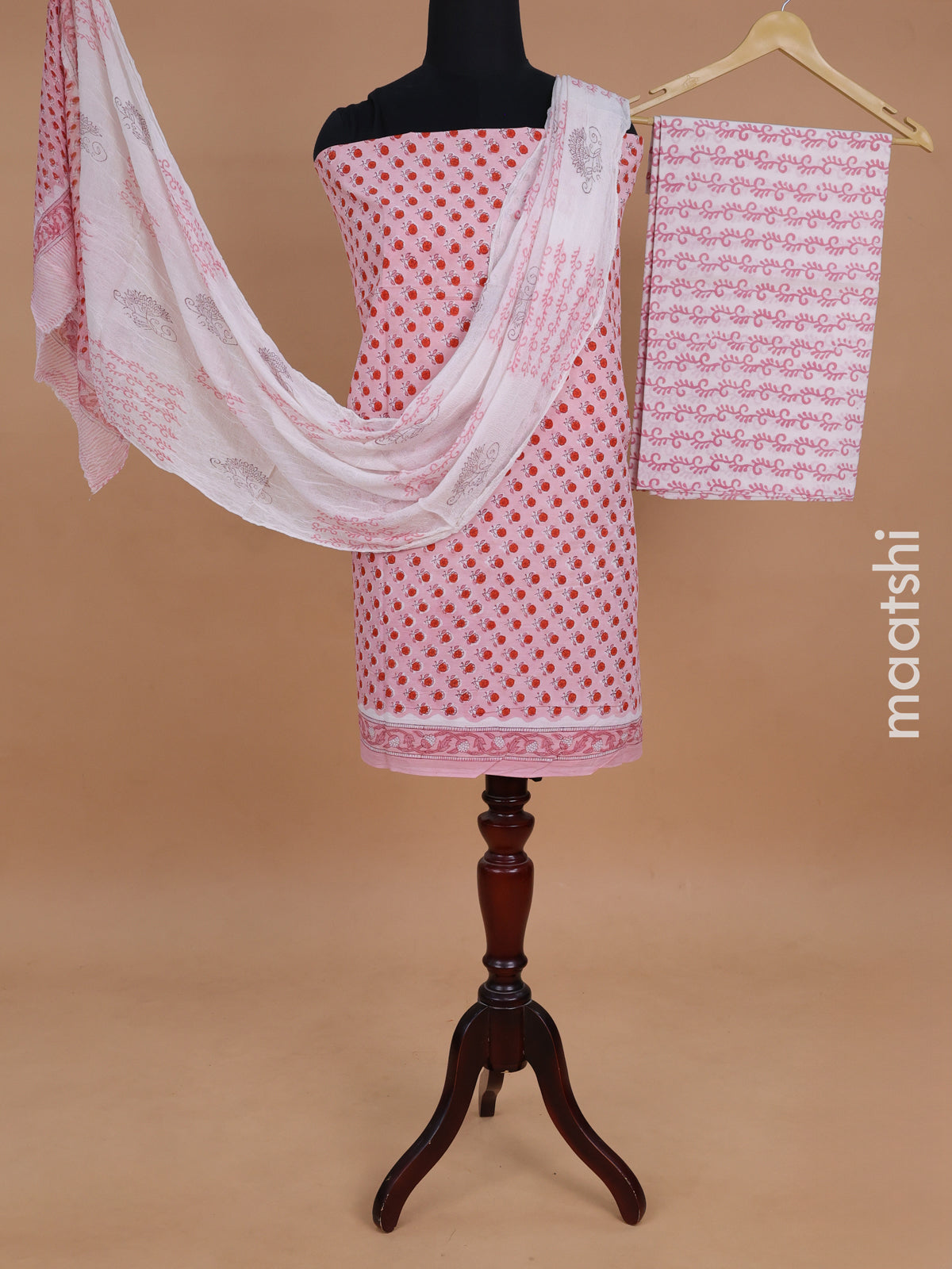 Mul mul cotton dress material peach pink and off white with allover floral butta prints and bottom & chiffon dupatta