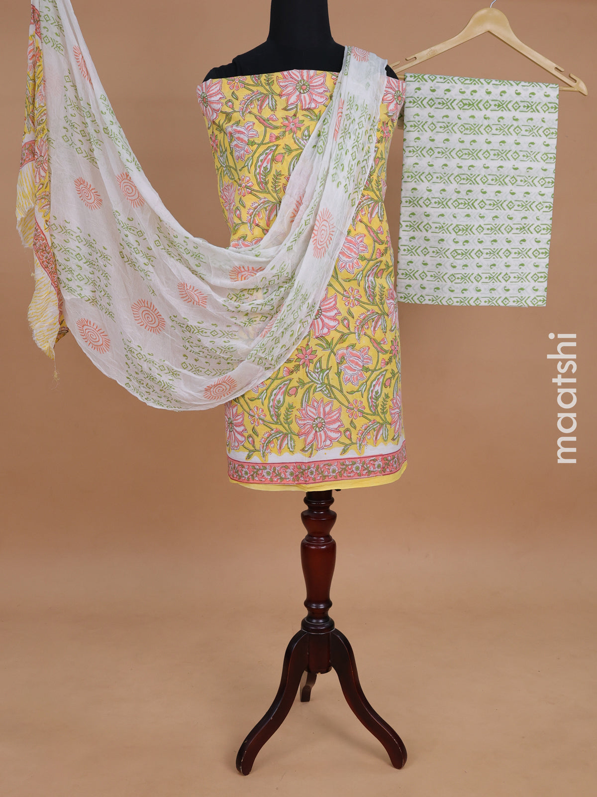 Mul mul cotton dress material yellow and off white with allover kalamkari prints and bottom & chiffon dupatta