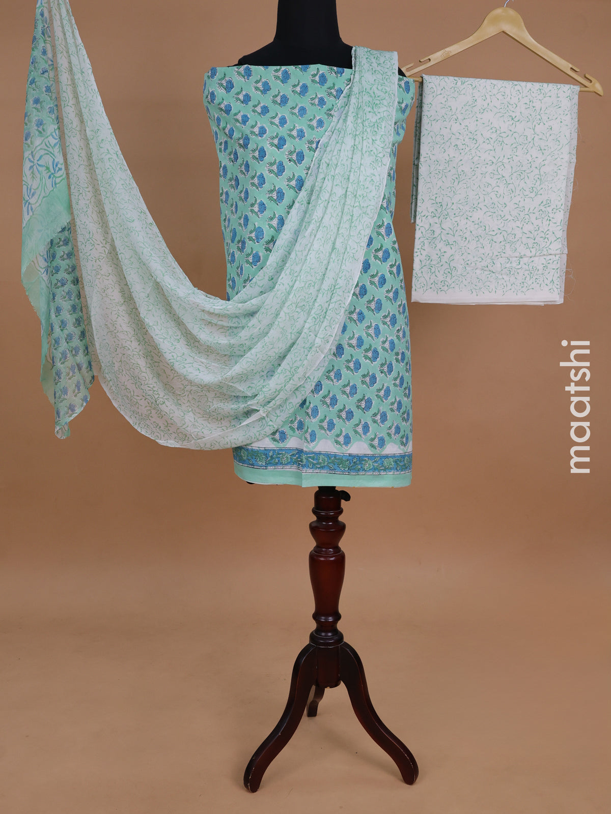 Mul mul cotton dress material teal green shade and off white with allover floral butta prints and bottom & chiffon dupatta