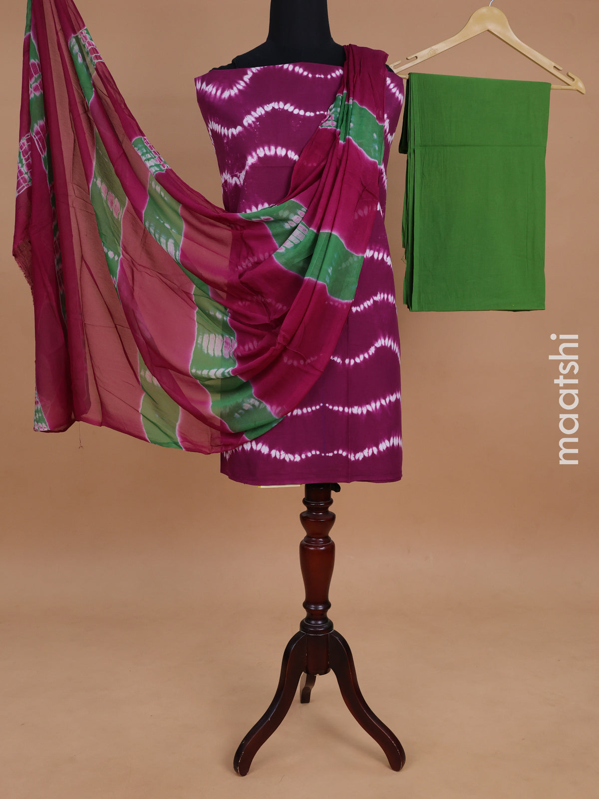 Mul mul cotton dress material purple and green with allover shibori prints and bottom & chiffon dupatta