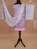 Mul mul cotton dress material light pink and off white with allover prints and bottom & chiffon dupatta