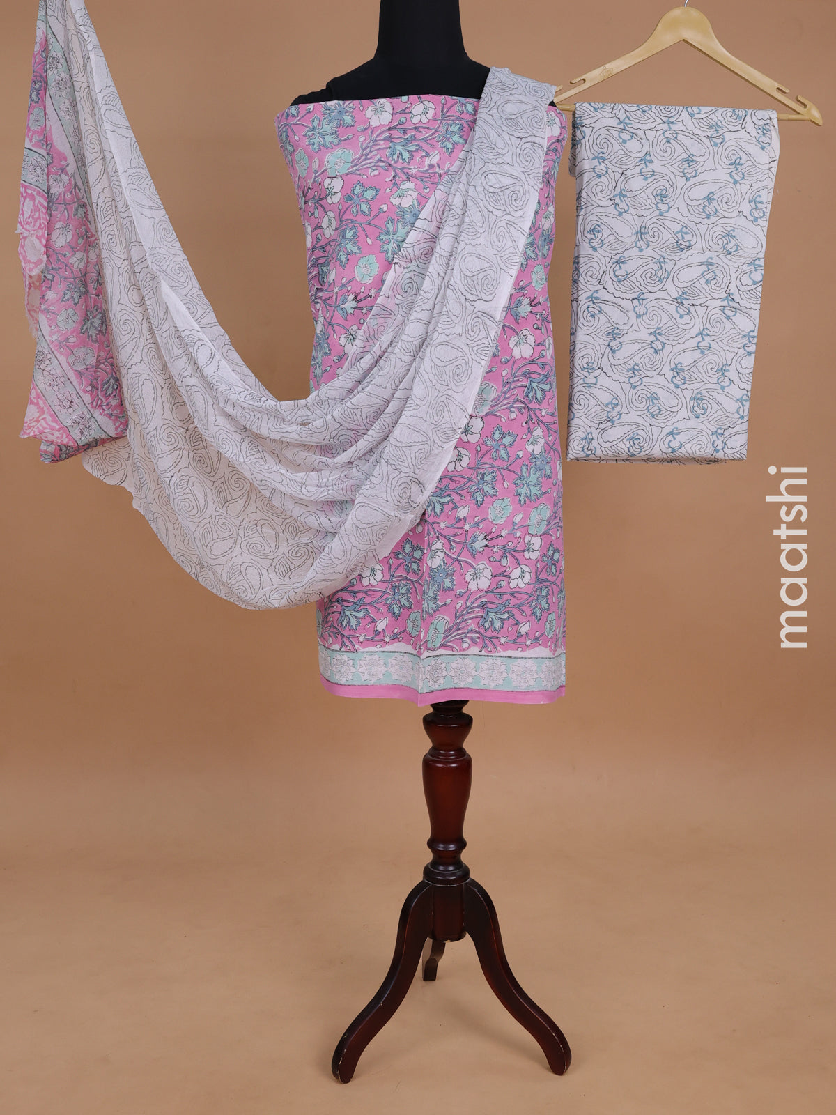 Mul mul cotton dress material light pink and off white with allover prints and bottom & chiffon dupatta