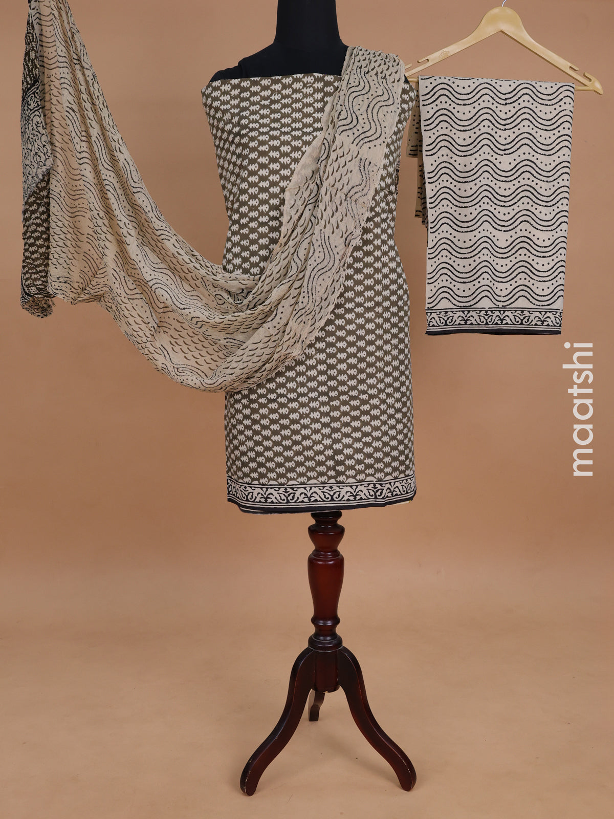 Mul mul cotton dress material grey and black with allover butta prints and bottom & chiffon dupatta