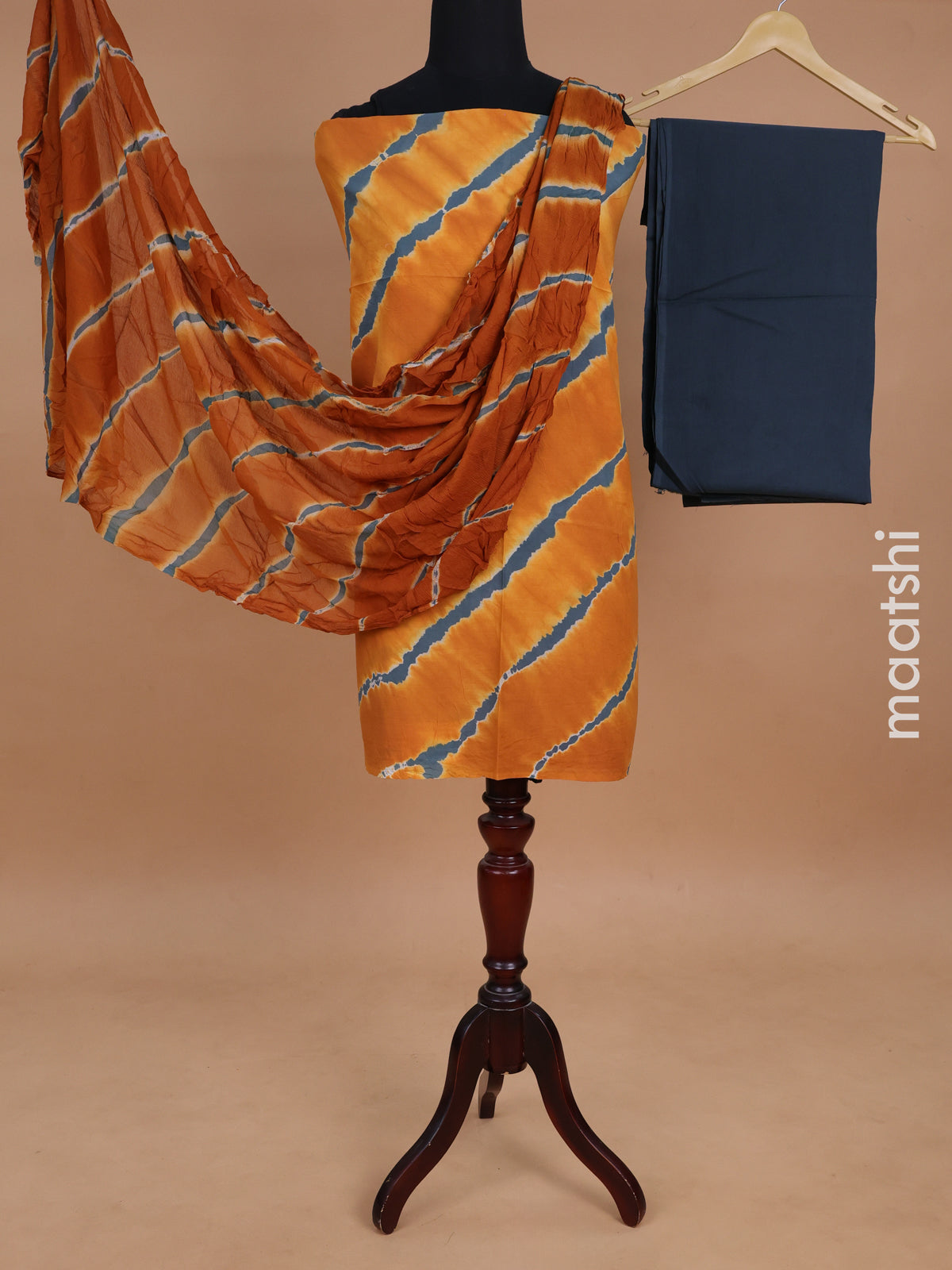 Mul mul cotton dress material dark mustard and grey with tie & dye prints and bottom & chiffon dupatta